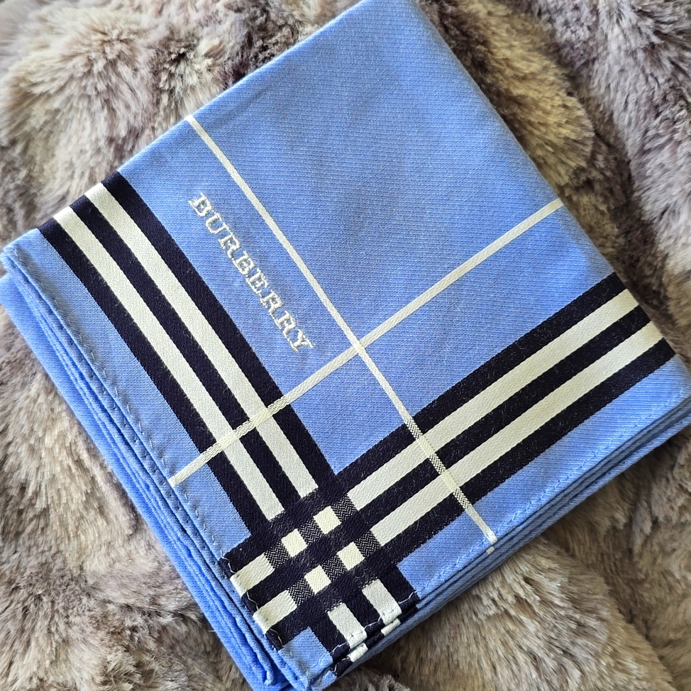 New Burberry Vintage Neckerchief Handkerchief Pocket Square Blue White